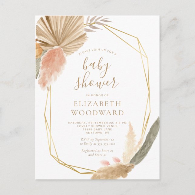 Boho Chic Pampas Grass Baby Shower Invitation Postcard (Front)