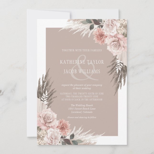 Boho Chic Pampas Grass Beige Earth Tones Wedding Invitation (Front)