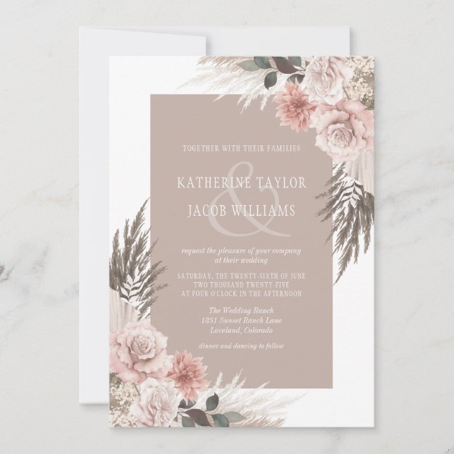 Boho Chic Pampas Grass Beige Floral Wedding Invitation (Front)