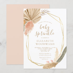 Boho Chic Pampas Grass Gold Frame Baby Sprinkle Invitation