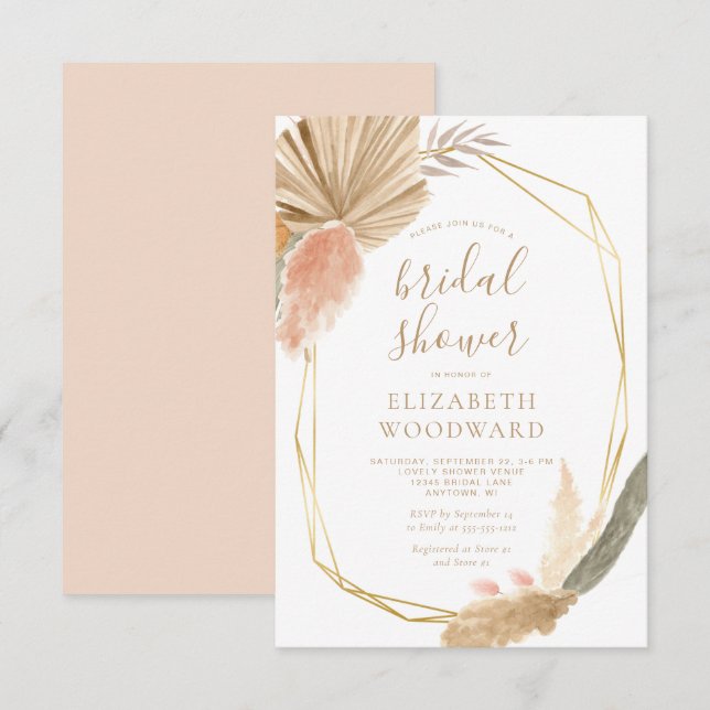 Boho Chic Pampas Grass Gold Frame Bridal Shower Invitation (Front/Back)
