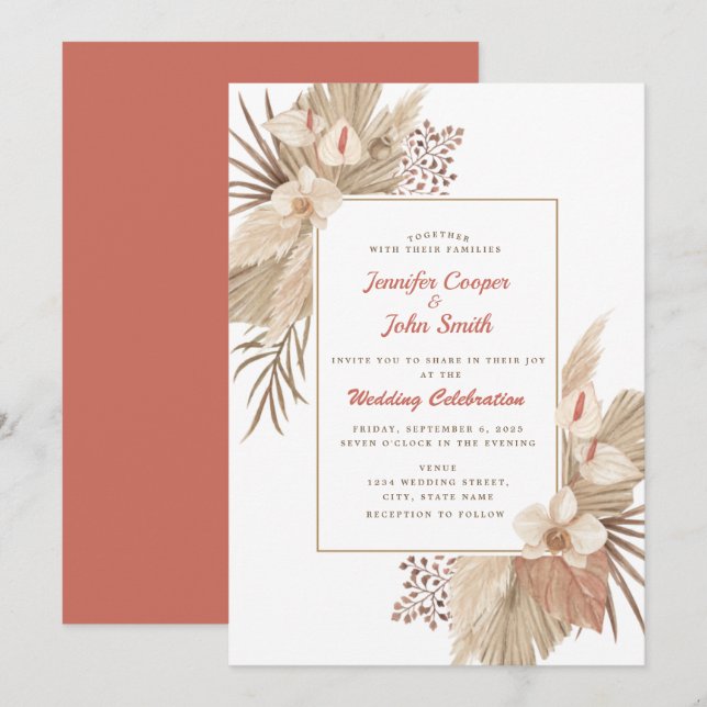 Boho Chic Pampas Grass Orchid Terracotta Wedding Invitation (Front/Back)