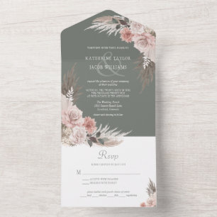 Boho Chic Pampas Grass Sage Green Floral Wedding All In One Invitation