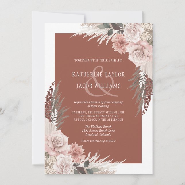 Boho Chic Pampas Grass Terracotta Floral Wedding Invitation (Front)