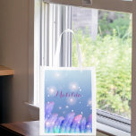 Boho Chic Pastel Purple Pink Feathers Sparkles Reusable Grocery Bag<br><div class="desc">Beautiful personalized reusable grocery bag design featuring pastel purple and pink feathers and sparkles on a blue gradient background. The text is fully customizable. To change it use the Personalize option. For more changes, such as changes to the font, font colour or text layout, use the Edit design tool option....</div>