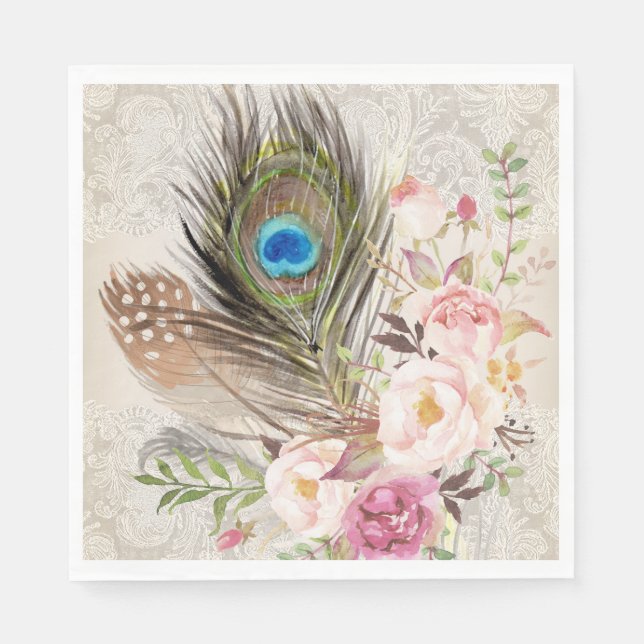 Boho Chic Peacock Feather and Roses Paper Napkin (Front)