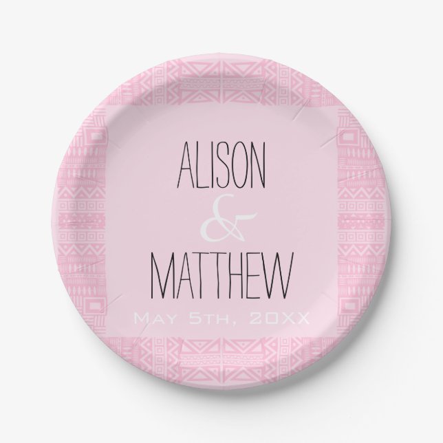 Boho-chic Personalized Pink Wedding Paper Plates 2 (Front)