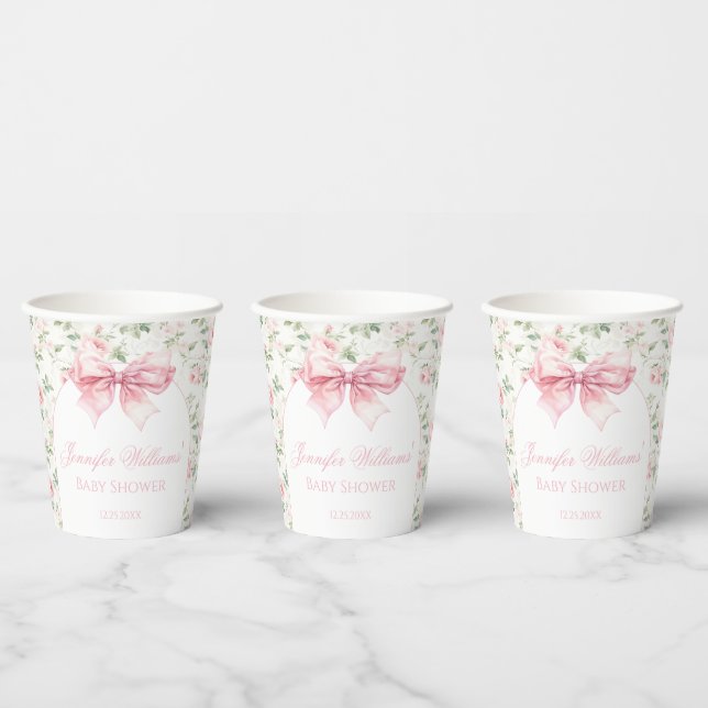 Boho chic pink bow floral baby shower paper cups (Multi)