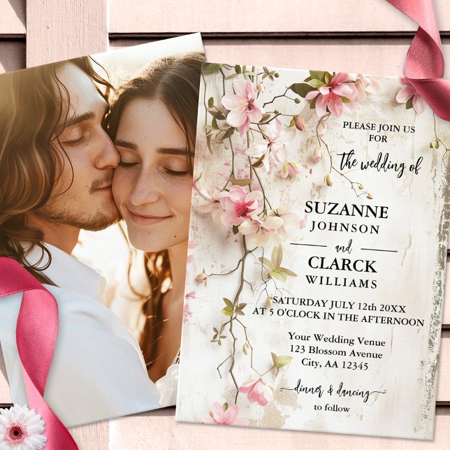 Boho Chic Pink Floral Rustic Wedding Invitation (Elegant romantic wedding invitation featuring loosely painted pink flowers on rustic ivory)