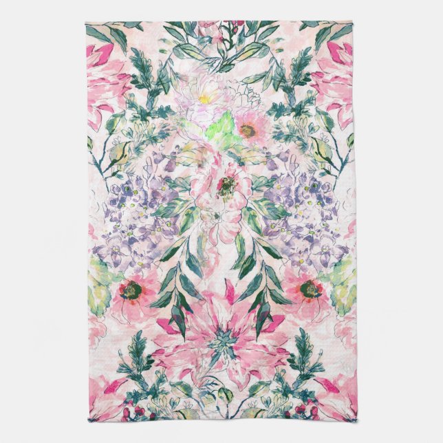 Boho Chic Pink Floral Watercolor Botanical Kitchen Towel (Vertical)