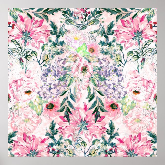  Boho Chic Pink Floral Watercolor Botanical Poster (Front)