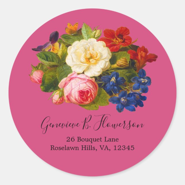 Boho Chic Pink Roses White Blue Butterfly Magenta Classic Round Sticker (Front)
