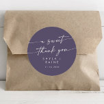 Boho Chic Plum Purple A Sweet Thank You Favour Classic Round Sticker<br><div class="desc">This boho chic plum purple a sweet thank you favour classic round sticker is perfect for a minimalist wedding. The moody dark purple jewel tone modern bohemian design features simple rustic calligraphy with a unique yet classic style.

Personalize your favour stickers with your names and wedding date.</div>