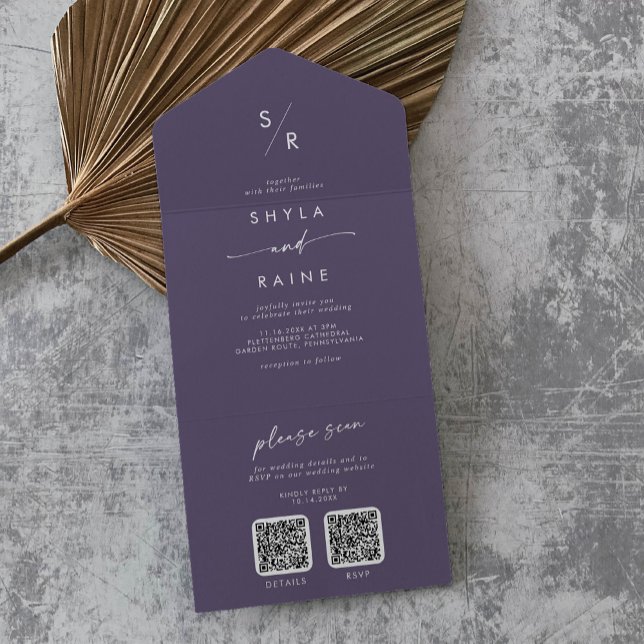 Boho Chic Plum Purple Dual QR Code Wedding All In One Invitation (Creator Uploaded)