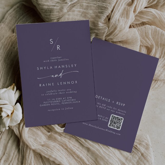 Boho Chic Plum Purple Monogram QR Code Wedding Invitation (Creator Uploaded)