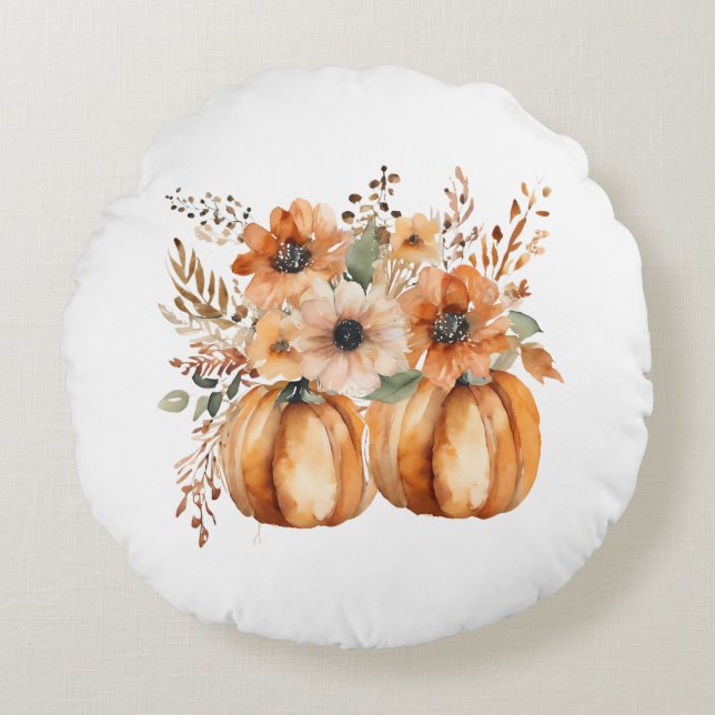 Boho Chic Pumpkin and Floral Patterns Thanksgiving Round Pillow (Front)