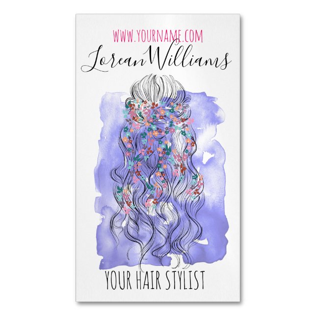 Boho Chic Purple Bride Hairstyle Watercolor Floral Magnetic Business Card (Front Vertical)