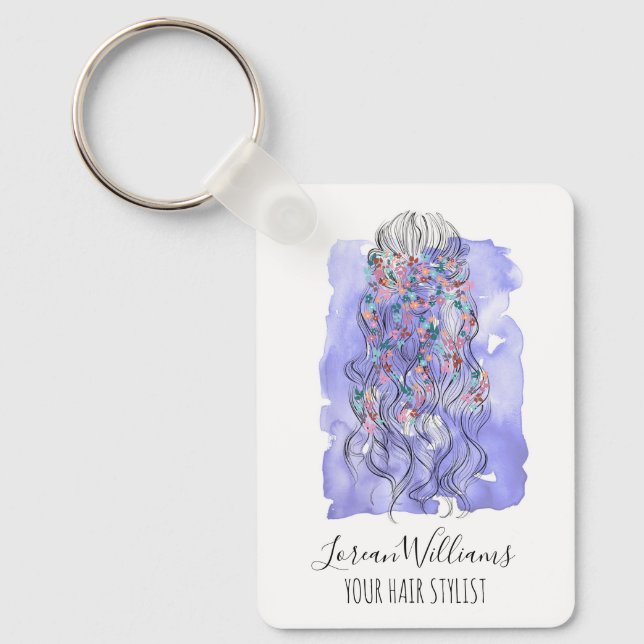 Boho Chic Purple Bride Hairstyle Watercolor QR Keychain (Front)