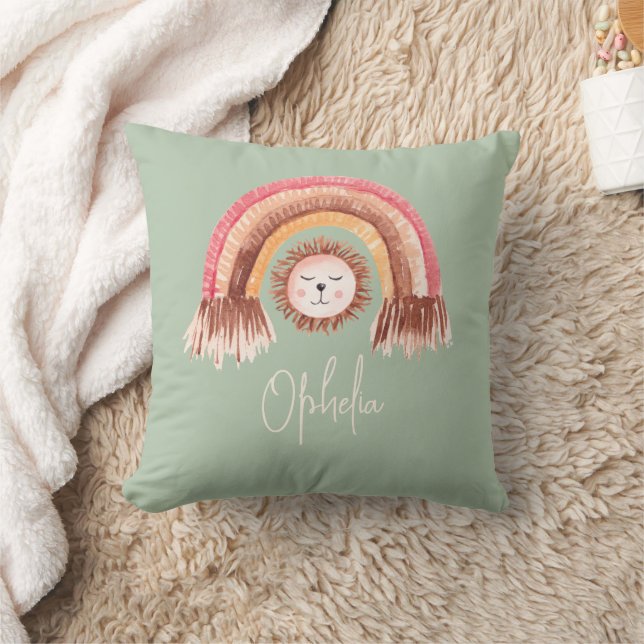 Boho Chic Rainbow Lion Baby Name Sage Throw Pillow (Blanket)