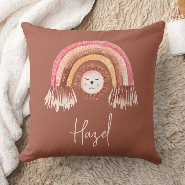 Boho Chic Rainbow Lion Baby Name Terracotta Throw Pillow (Blanket)