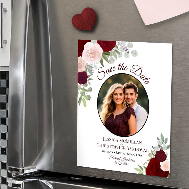Boho Chic Red Floral & Photo Wedding Save the Date Magnetic Invitation (Magnetic Card for Easy Display!)