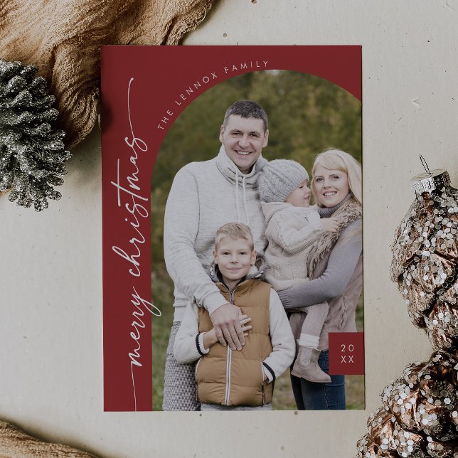 Boho Chic Red Photo Modern Merry Christmas Holiday Card (Creator Uploaded)
