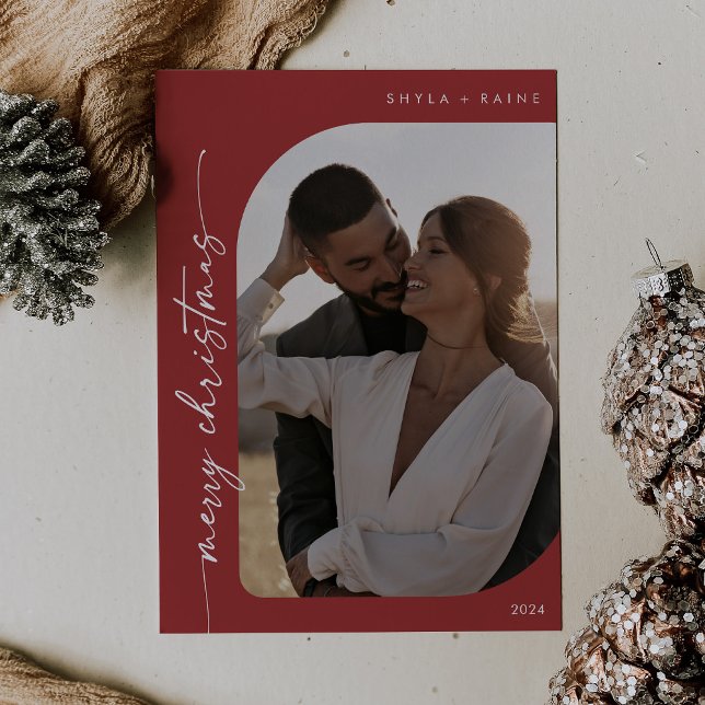 Boho Chic Red Photo Simple Merry Christmas Holiday Card (Creator Uploaded)