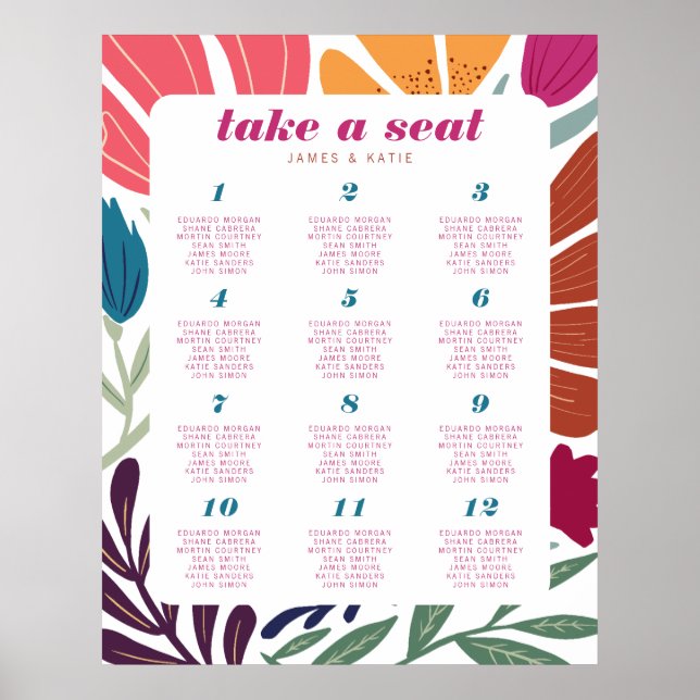 Boho Chic Retro Floral Wedding Table Seating Poster (Front)