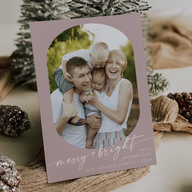 Boho Chic Rose Pink Merry Bright Photo Christmas Holiday Card (Creator Uploaded)