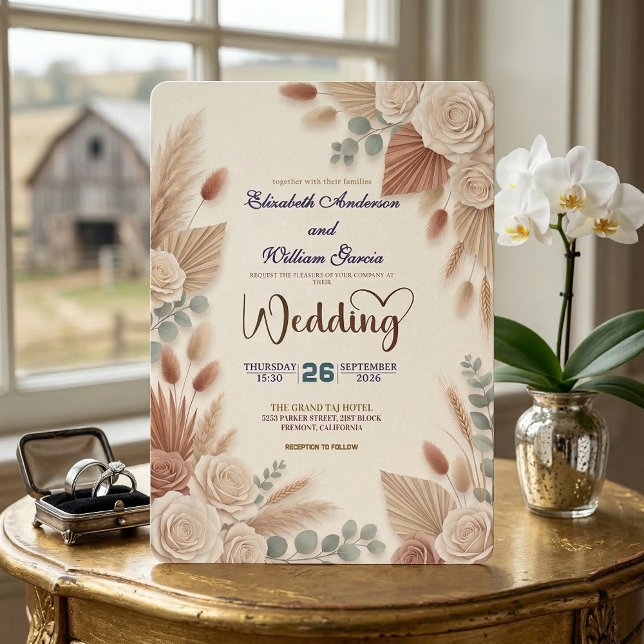 Boho Chic Roses Pampas Grass Wedding Invitation (Creator Uploaded)