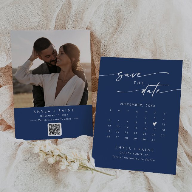 Boho Chic Royal Blue QR Code Photo Calendar Save The Date (Creator Uploaded)