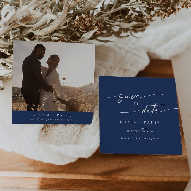 Boho Chic Royal Blue Square Photo Back Save The Date (Creator Uploaded)