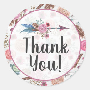 Boho Chic Rustic Feather Arrow Floral Thank You Classic Round Sticker