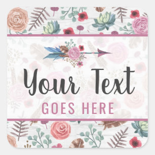 Boho Chic Rustic Feather Arrow Watercolor Bohemian Square Sticker