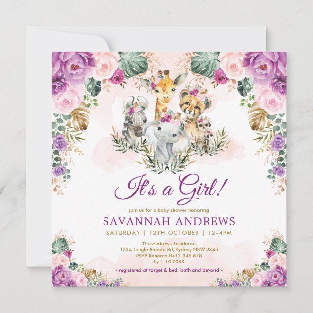 Boho Chic Safari Jungle Animals Girl Baby Shower Invitation (Front)