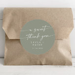 Boho Chic Sage Green A Sweet Thank You Favour Classic Round Sticker<br><div class="desc">This boho chic sage green a sweet thank you favour classic round sticker is perfect for a minimalist wedding. The neutral light green earth tone modern bohemian design features simple rustic calligraphy with a unique yet classic style.

Personalize your favour stickers with your names and wedding date.</div>