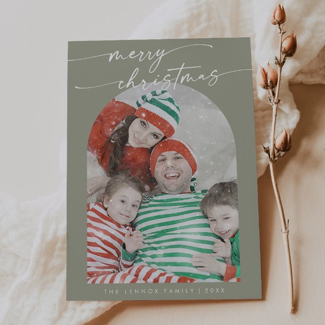Boho Chic Sage Green Fun Family Photo Christmas Holiday Card (Creator Uploaded)