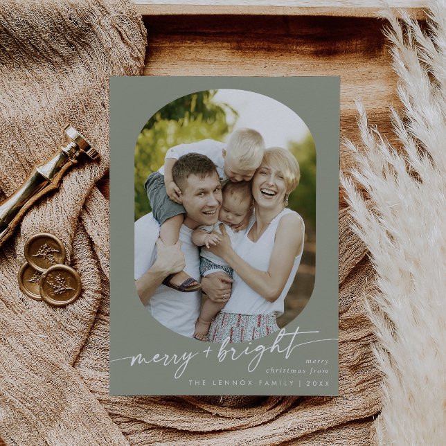 Boho Chic Sage Green Merry Bright Photo Christmas Holiday Card (Creator Uploaded)