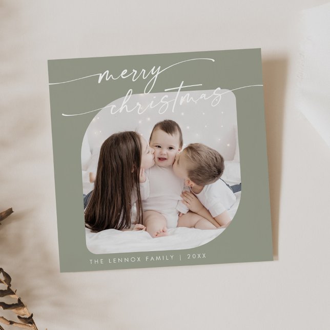 Boho Chic Sage Green Photo Cute Family Christmas Holiday Card (Creator Uploaded)