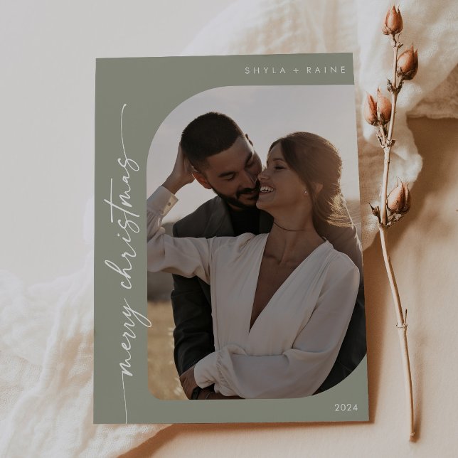 Boho Chic Sage Green Photo Simple Merry Christmas Holiday Card (Creator Uploaded)