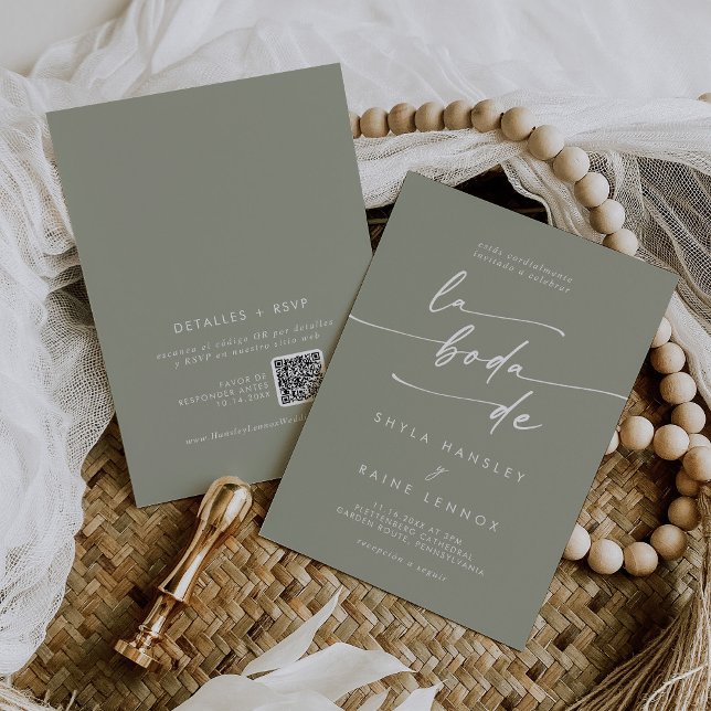 Boho Chic Sage Green QR Code Spanish Wedding Invitation (Creator Uploaded)