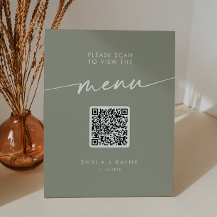 Boho Chic Sage Green QR Code Wedding Menu Pedestal Sign