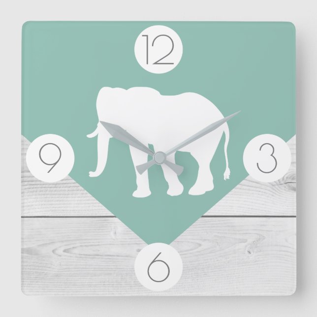 Boho Chic Sage Green & White Wood Print Elephant Square Wall Clock (Front)