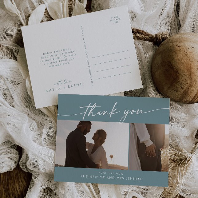 Boho Chic Seafoam Teal Wedding Photo Thank You Postcard (Creator Uploaded)
