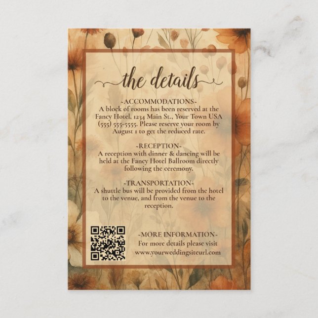 Boho Chic Sienna Floral Wedding Details QR Code Enclosure Card (Front)
