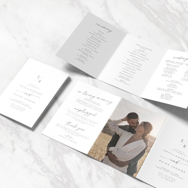 Boho Chic Silver Grey Monogram Wedding Tri-Fold Programme (Creator Uploaded)