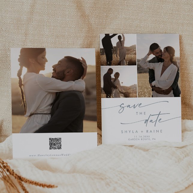 Boho Chic Slate Blue Multi Photo QR Code Save The Date (Creator Uploaded)