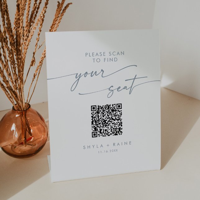 Boho Chic Slate Blue Seating Chart QR Code Pedestal Sign (Creator Uploaded)