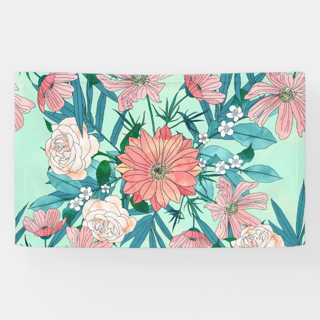 Boho chic spring garden flowers illustration banner (Horizontal)