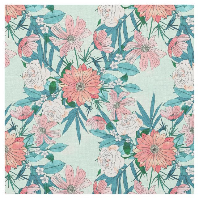 Boho chic spring garden flowers illustration fabric (Close Up)